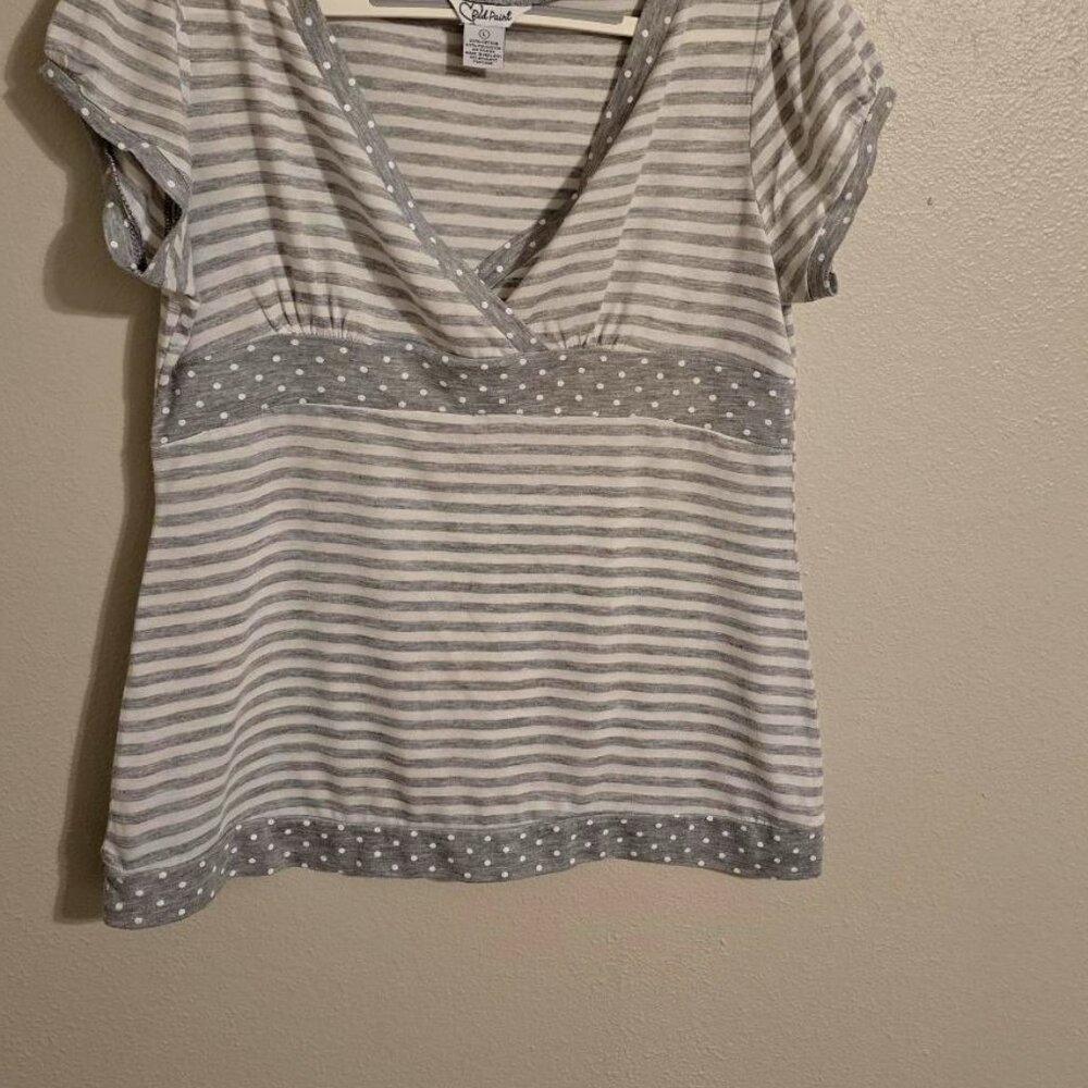 Red Paint L Grey & White Striped Tee / Blouse / Top Polkadot details Cap Sleeve